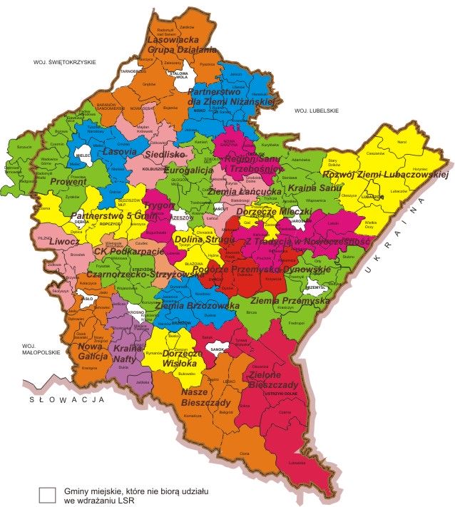 Mapa przedstawia rozmieszczenie lokalnych grup działania na terenie województwa podkarpackiego.